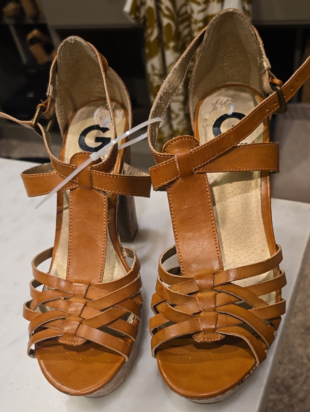 G by Guess Cognac Woven T-Strap Platform Heels